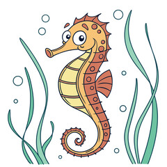 Cartoon Seahorse with Seaweed, Bubbles, and Detailed Outline on White Background