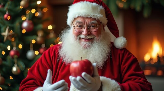Smiling santa claus holding a red apple by a warm fireplace and christmas tree