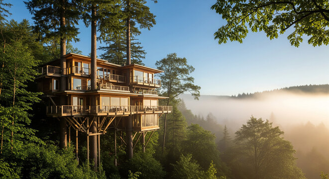 Atmospheric landscape showing a wooden treehouse among tall pines with warm sunrise light and low fog over a calm lakeshore, styled as cinematic natural scenery; suitable for travel blogs, eco-lodging