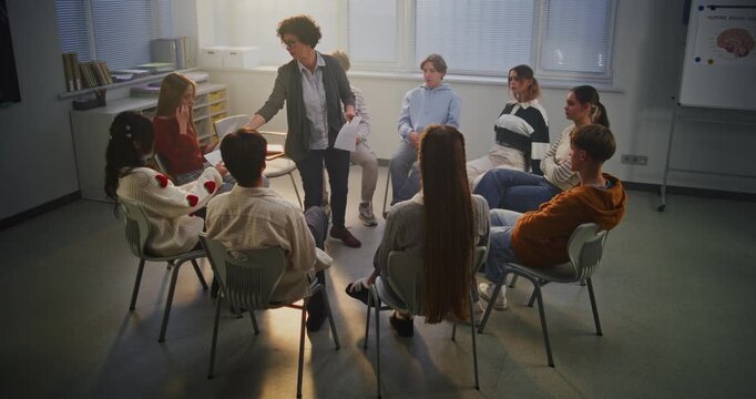 Teacher Conducts Psychological State Pupils. Students Share Thoughts Under Guidance of Teacher, Discussing Psychology. Open Communication, Mental Health Education, and Social Emotional Learning.