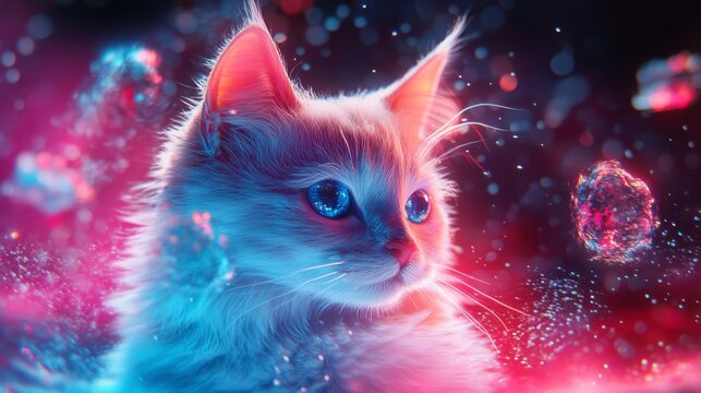 A mesmerizing fluffy cat with vibrant blue eyes shines in a colorful cosmic background. This image captures the beauty of feline grace. Generative AI