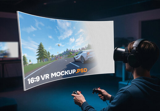 Mockup of gamer on his room using VR headset playing a game