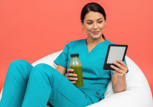 Young woman in medical scrubs relaxing on break with green juice and tablet