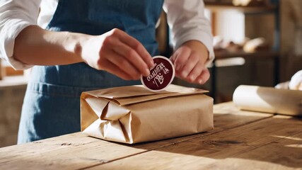 Close-up video footage of hands wrapping a product in craft paper inside a small workshop, capturing the artisan process of packaging and handmade production.
