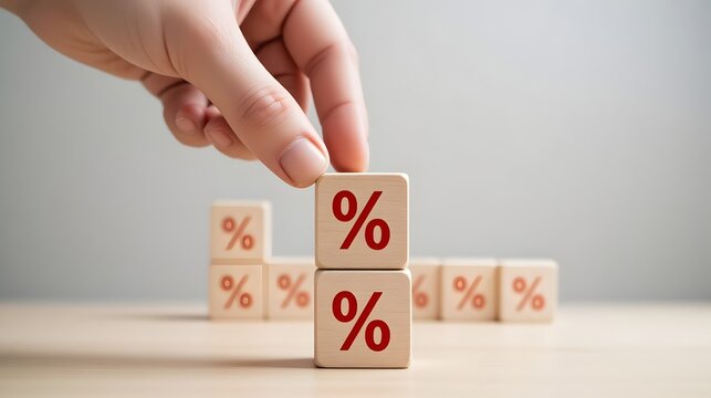 Interest rates are stacking up higher, with hand placing percentage blocks for sales growth and financial success, representing returns and profit margins
