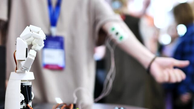 A person controls an artificial robotic arm via wires on their hand.