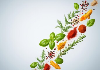 Vibrant flying herbs and spices including basil, turmeric, and peppercorns on light background.
