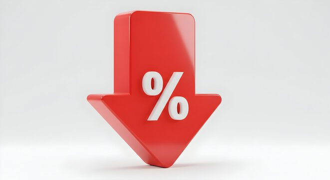 3D Rendered Red Discount Arrow Icon with White Percentage Sign
