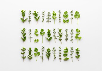 Neat geometric arrangement of fresh green herbs like mint and thyme on white background