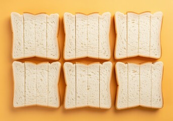 Obraz premium Six perfectly sliced pieces of white sandwich bread arranged in a grid on a bright orange surface.