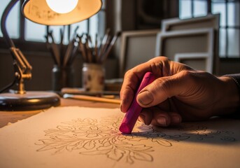 Hand of a craftsman drawing detailed floral artwork using pink pastel chalk in a dimly lit studio.