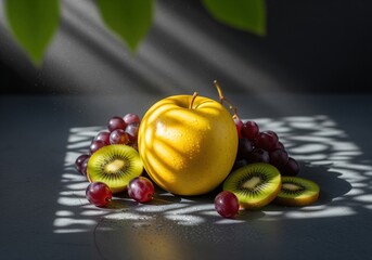 Fresh golden apple surrounded by red grapes and kiwi slices under dramatic light.