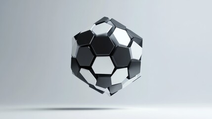 Obraz premium Abstract design of soccer ball structure with geometric shapes, monochrome color scheme, floating in minimalistic background