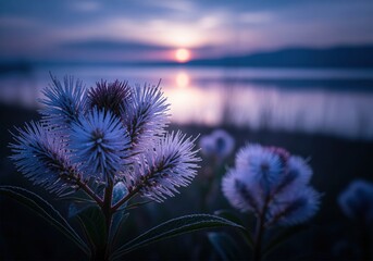 Spiky purple wildflower covered in frost reflecting the dramatic twilight sunset.