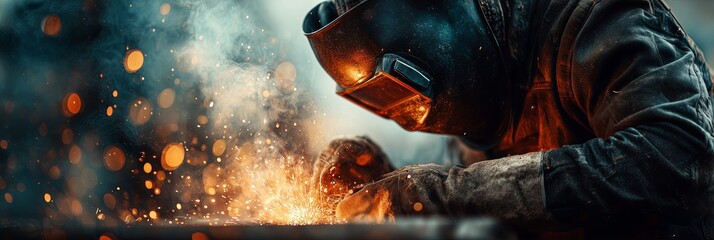 A welder in protective gear creates bright sparks, showcasing skill and the fiery energy of craftsmanship. The scene conveys intensity, precision, and industrial dedication.