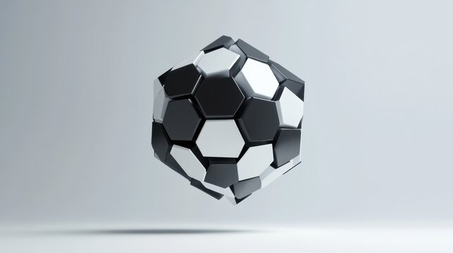 Abstract design of soccer ball structure with geometric shapes, monochrome color scheme, floating in minimalistic background