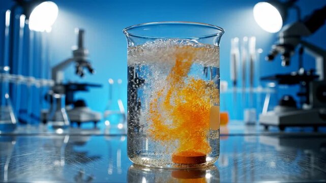 Cinematic laboratory video footage of a chemical reaction occurring in a beaker, with colorful diffusion and bubbling liquid surrounded by scientific equipment.
