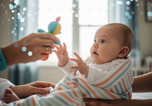 Adorable infant sitting up and reaching for a bright colorful toy held by a caregiver.