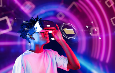 A young individual engages with a virtual reality headset, exploring concepts of digital data management amidst colorful and dynamic tech visuals. XDMCP