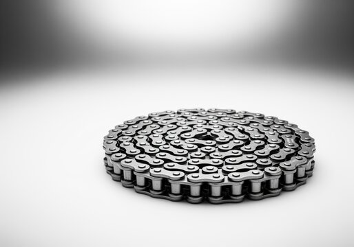 Industrial steel roller chain coiled neatly in a circle on a clean monochrome surface
