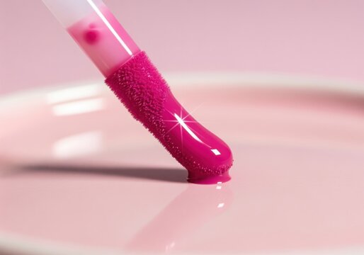 Ultra sharp macro view of creamy magenta lip gloss wand on a smooth pale pink surface