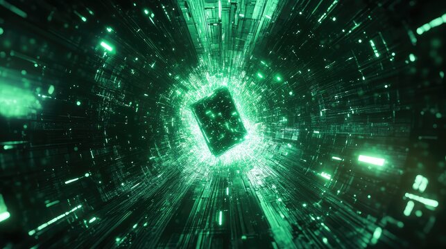 Digital data stream passing through abstract green tunnel