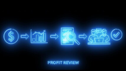 Profit review financial analysis workflow with glowing neon charts graphs and business data process icons - Powered by Adobe