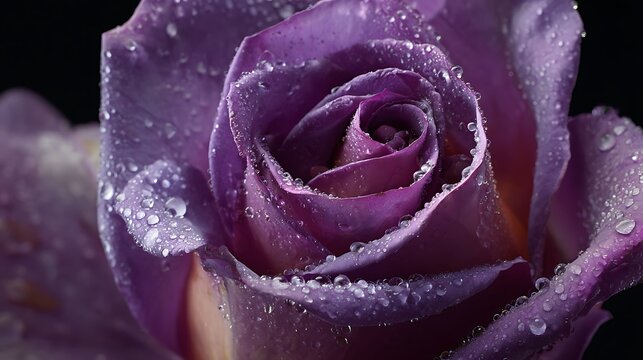 Close up of a delicate purple rose covered in glistening water droplets against a dark background