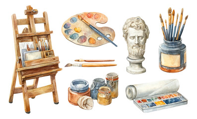 Artistic Atelier with Watercolor Supplies and Classical Elements on Transparent Background