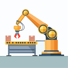 Robotic arm lifts objects on assembly line in a Manufacturing Plant