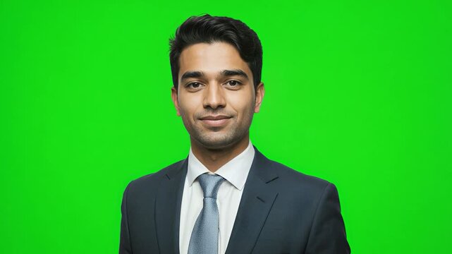 A confident young professional stands against a vibrant green screen background