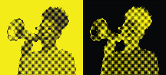 Halftone Illustration of Black Woman Screaming into the Megaphone on Yellow and Black Background. Retro Set. Vector Vintage Poster.