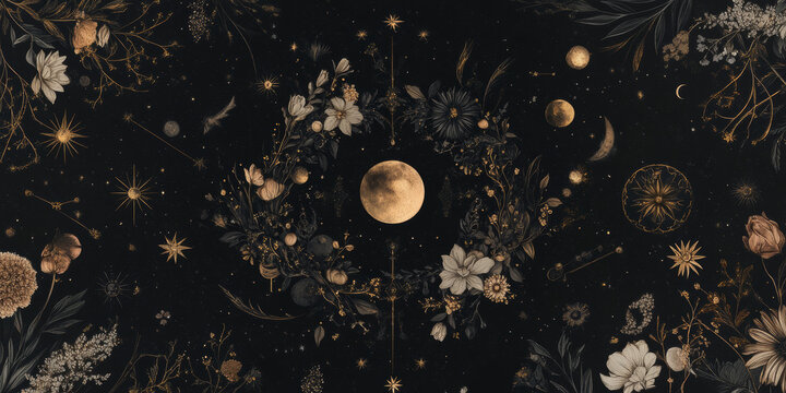Mystical gold stars and crescents pattern on black background, astrology-themed abstract design.