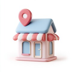 3d small shop building with location pin
