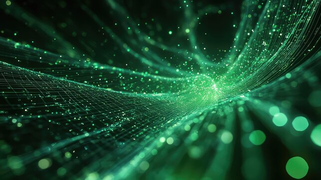 Green digital network connecting data lines with glowing particles - Powered by Adobe