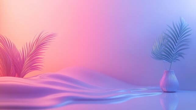 Pastel vaporwave abstract background with flowing liquid and palm leaves - Powered by Adobe