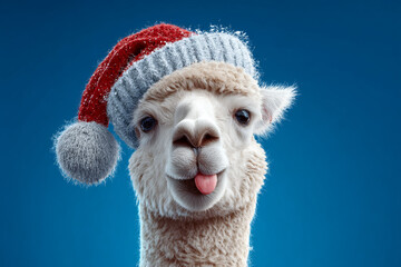 Naklejka premium A festive alpaca sports a red and white pompom hat and sticks out its tongue in a playful pose against a blue background