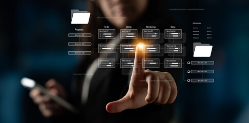 Project management system showing workflow stages, task progress, and review status. Task progress...