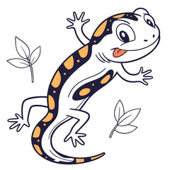 Cartoon Spotted Salamander with Leaves on White Background