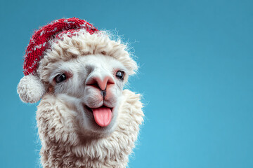 Naklejka premium A fuzzy white llama wearing a red and white pom pom hat sticks its pink tongue out against a solid blue background