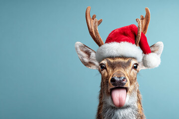 A curious reindeer wearing a Santa hat and sticking its tongue out playfully against a blue background
