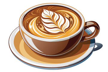Artistic cappuccino with a leafy design sits inside a brown cup on a saucer
