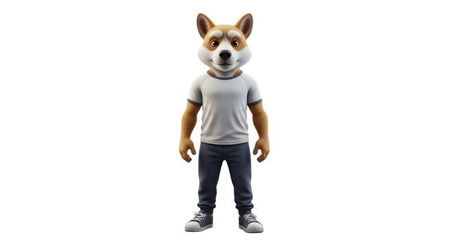 Anthropomorphic fox character standing in casual modern clothing.
