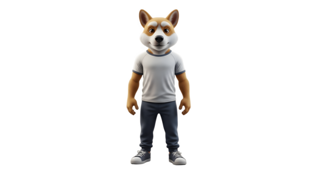 Anthropomorphic fox character standing in casual modern clothing.