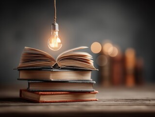 Open book and glowing light bulb over it. Knowledge, education concept