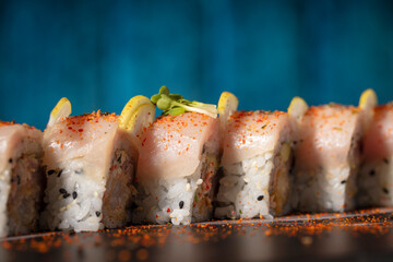 Sushi rolls plated with blue background 