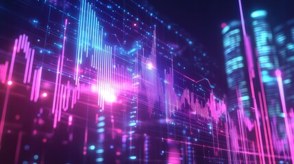 Financial data graph displaying stock market trends in a digital city