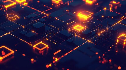 Digital circuit board processing data with glowing connections