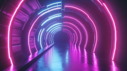 Futuristic tunnel with glowing neon lights and reflections