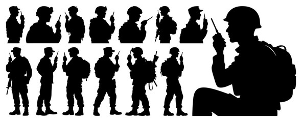Male Soldiers Police and Security Officer Radio Communication Silhouette Vector Set, Transparent Background